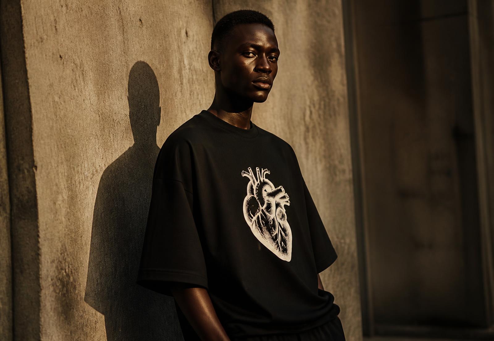 Model wearing an ACCRA STORIES heavyweight t-shirt against a sunlit concrete wall in Accra